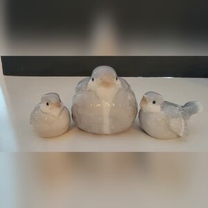 Vintage Otagiri OMC Porcelain 3 Birds- Blue Gray Chickadee Family Figurines